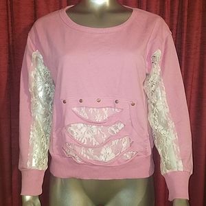 Blue Ribbon shabby chic pastel pink sweater lace pullover white ivory sz small